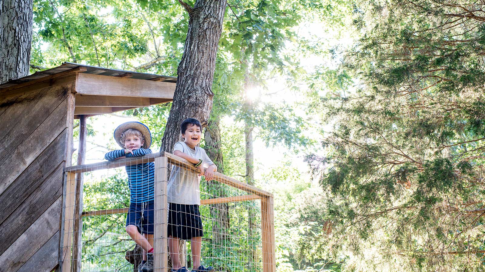 Happy children playing in a treehouse