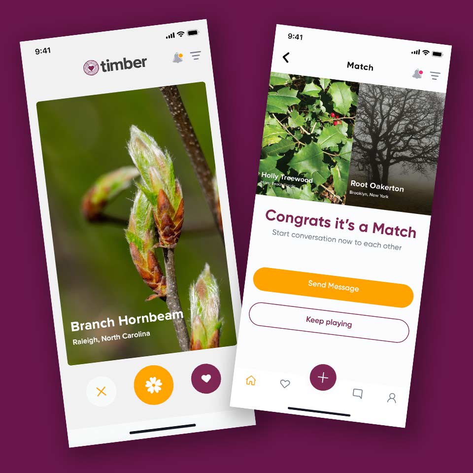 Screenshots of Timber dating app for trees