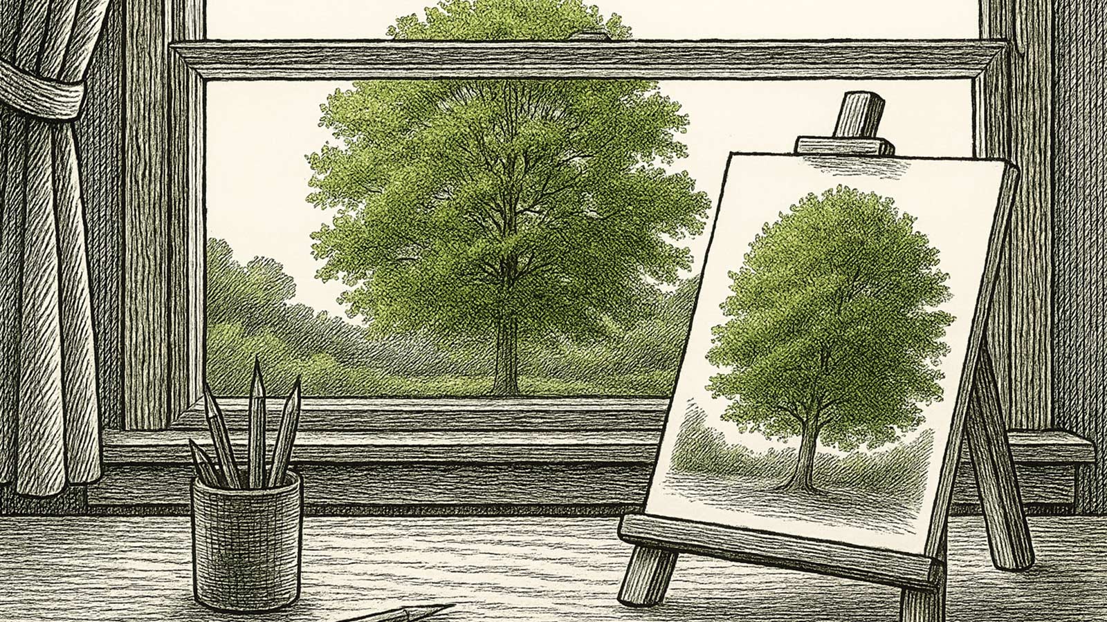 Oak tree outside of a window and inside there is a drawing of a pin oak on an easel.
