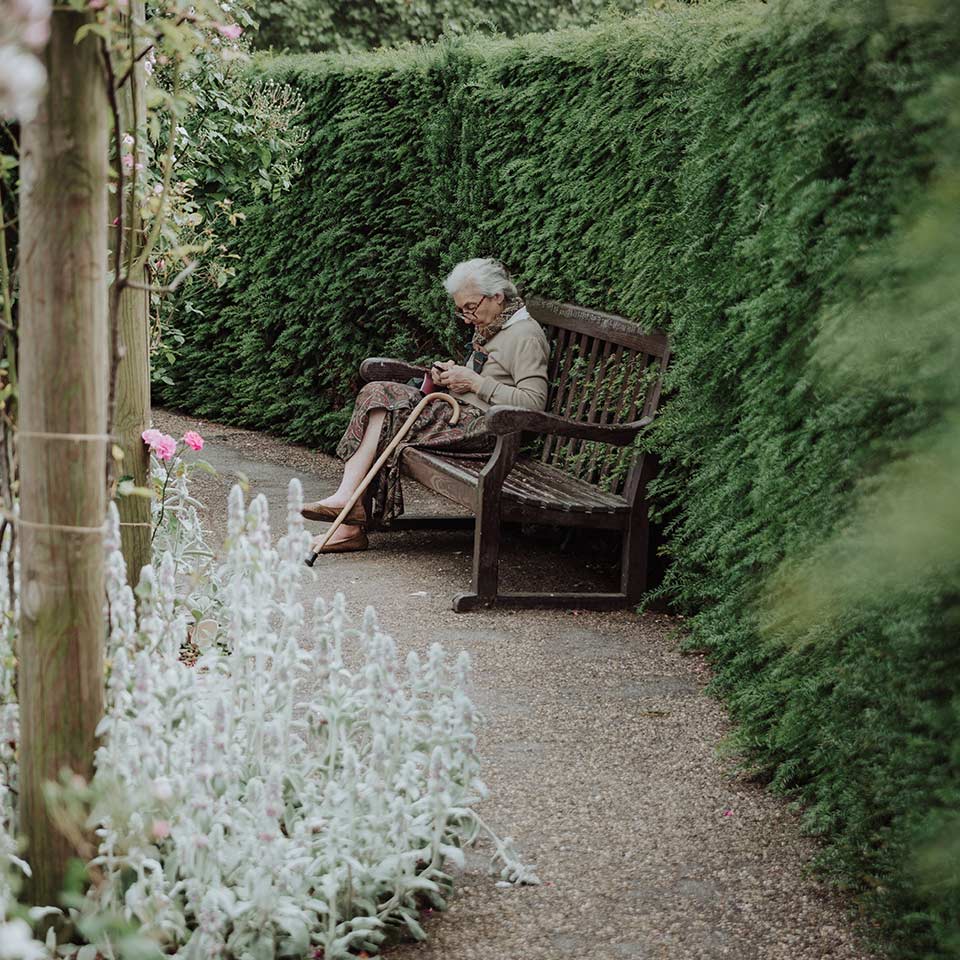 Elderly people in park with trees, increasing life expectancy